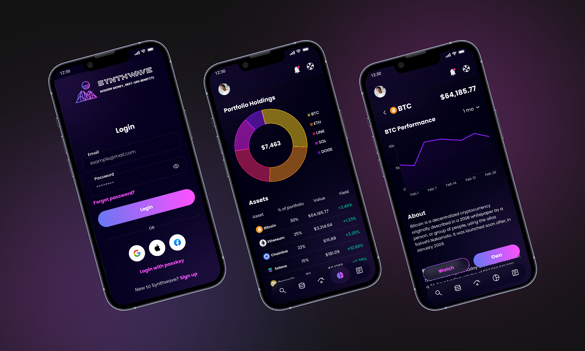 Synthwave dashboard interface showing cryptocurrency portfolio management, token balances, and payroll integration features for modern digital compensation